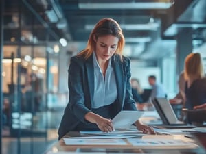 A woman working on process and operational management paperwork in an office.