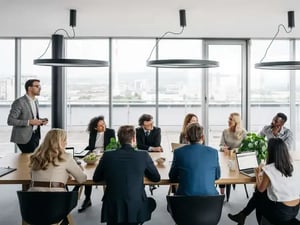 A sales enablement team having a meeting in a conference room.